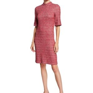 St. John Mock Neck Elbow Sleeve Artisanal Basketweave Knit Scarlet Dress 12